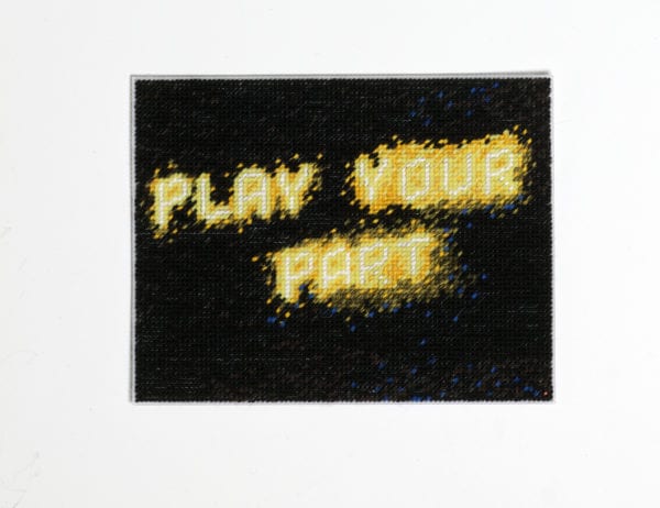 Play Your Part (2020) Hand Stitching, Mixed Yarn On Perforated Plastic, 26.5x33cm